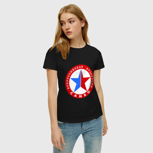 Женская футболка хлопок с принтом Федерация самбо, фото на моделе #1