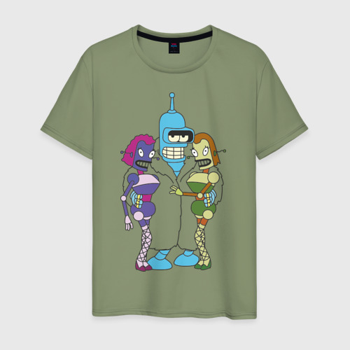 Мужская футболка хлопок с принтом Бендер с девочками, вид спереди #2