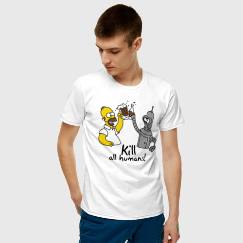 Мужская футболка с принтом Бендер пьет с Гомером, фото на моделе #1