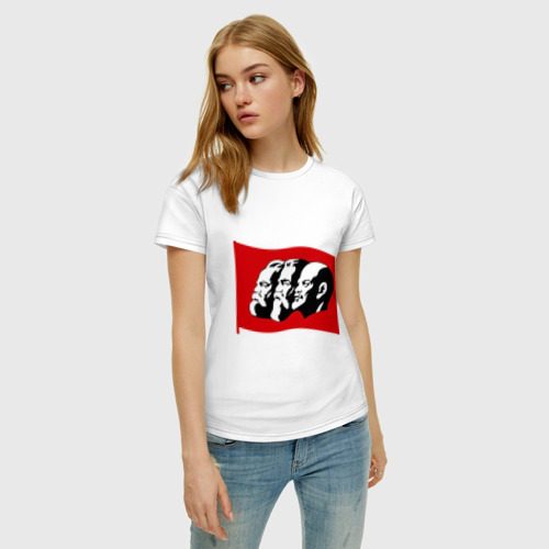 Женская футболка хлопок с принтом Маркс, Энгельс,  Ленин, фото на моделе #1