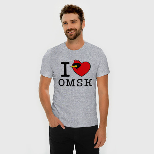 Мужская футболка хлопок Slim с принтом I love Omsk - Я люблю Омск, фото на моделе #1