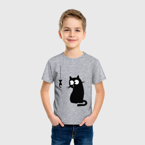 Детская футболка хлопок с принтом Кот и рыба, фото на моделе #1