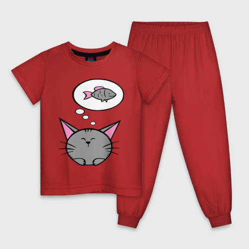 Детская пижама хлопок с принтом Кот и рыбка (2), вид спереди #2
