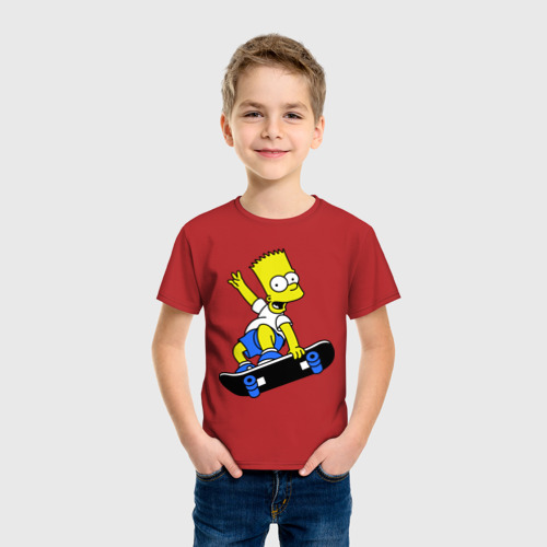 Детская футболка хлопок с принтом Барт на скейте, фото на моделе #1