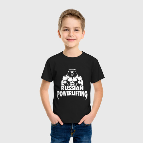 Детская футболка хлопок с принтом Russian powerlifting, фото на моделе #1