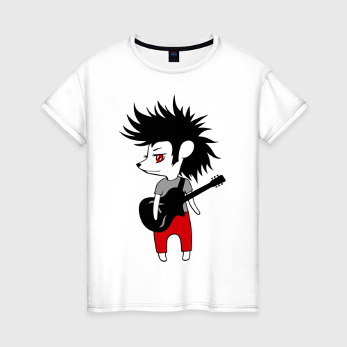 Женская футболка хлопок с принтом Ежик рок музыкант, вид спереди #2