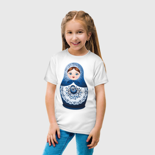 Детская футболка хлопок с принтом Матрешка Гжель, вид сбоку #3