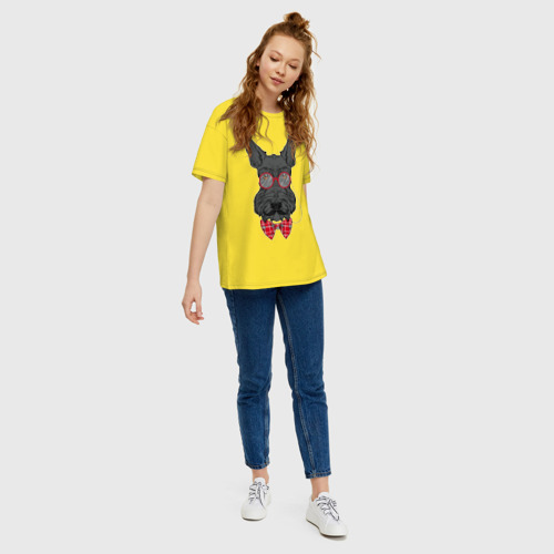 Женская футболка хлопок Oversize с принтом Ягдтерьер в пенсне, вид сбоку #3