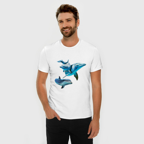 Мужская футболка хлопок Slim с принтом Дельфины, фото на моделе #1