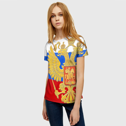 Женская 3D футболка с принтом Флаг и герб РФ, фото на моделе #1