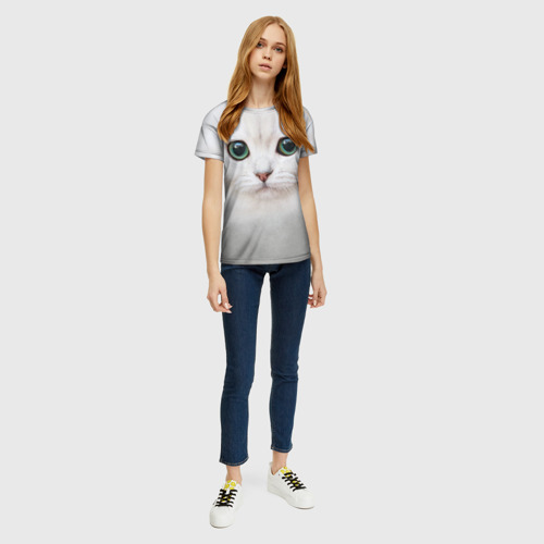 Женская футболка 3D с принтом Белый котик, вид сбоку #3