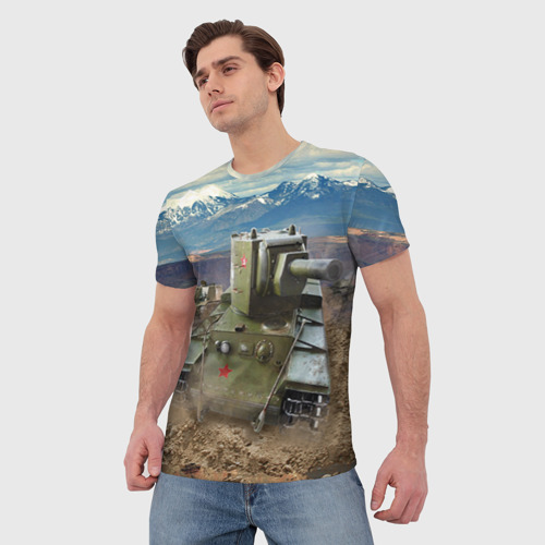 Мужская футболка 3D с принтом Танк КВ-2, фото на моделе #1
