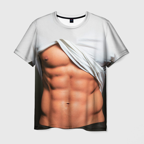 Мужская футболка 3D с принтом Идеальное тело в порванной майке, вид спереди #2