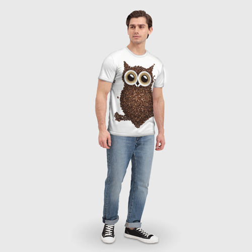 Мужская футболка 3D с принтом Сова из кофе, вид сбоку #3