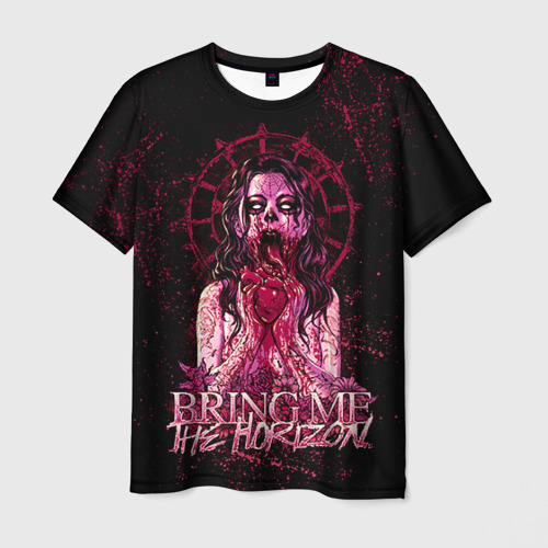 Мужская футболка 3D с принтом Bring Me The Horizon - девушка зомби ест сердце, вид спереди #2