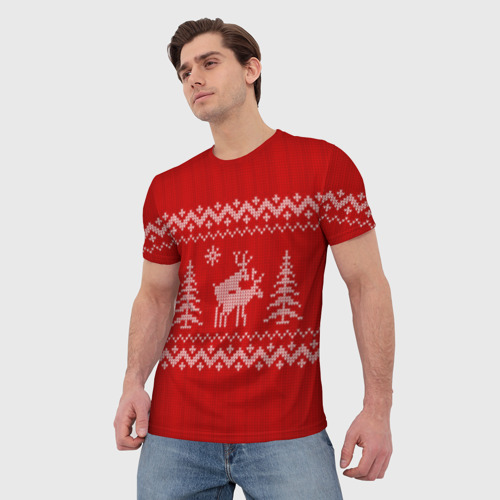 Мужская футболка 3D с принтом Свитер с оленями, фото на моделе #1