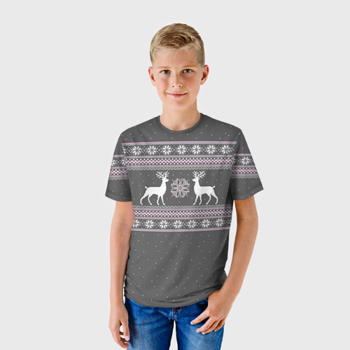 Детская футболка 3D с принтом Свитер с оленями, фото на моделе #1