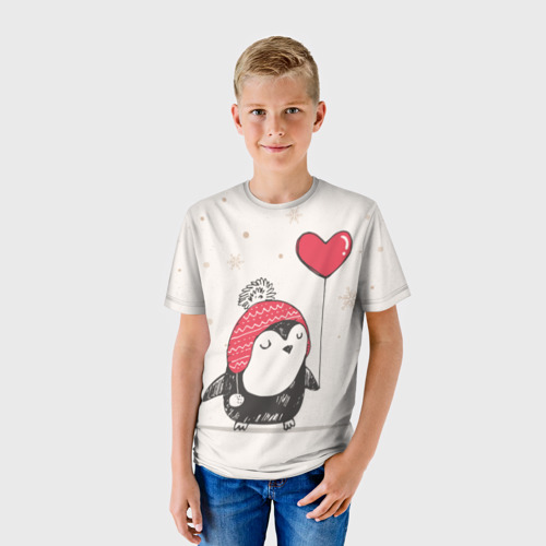 Детская футболка 3D с принтом Пингвин с шариком, фото на моделе #1