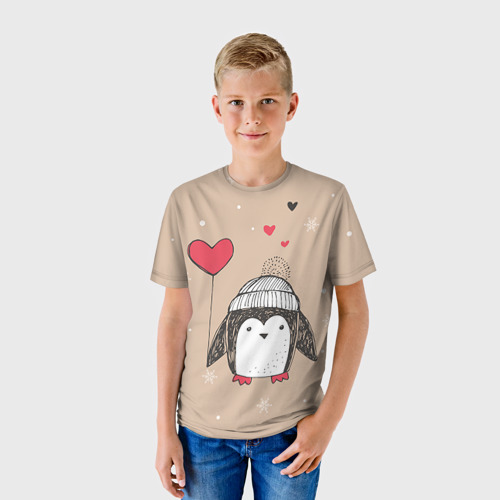 Детская футболка 3D с принтом Пингвин с шариком, фото на моделе #1
