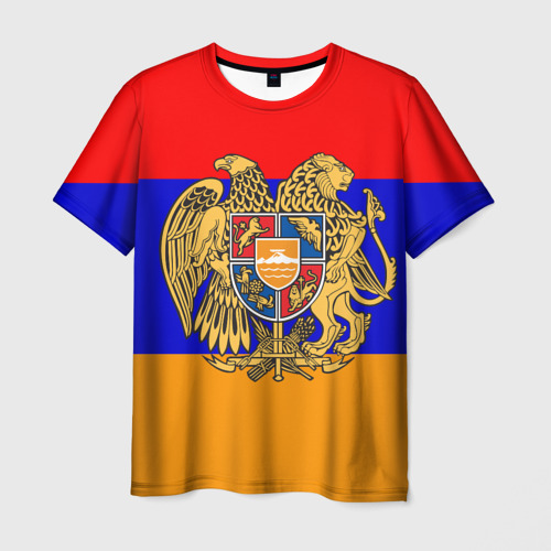 Мужская футболка 3D с принтом Герб и флаг Армении, вид спереди #2
