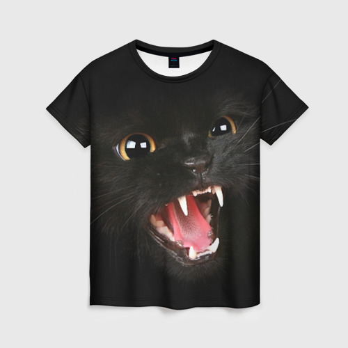 Женская футболка 3D с принтом Черный кот в темноте, вид спереди #2