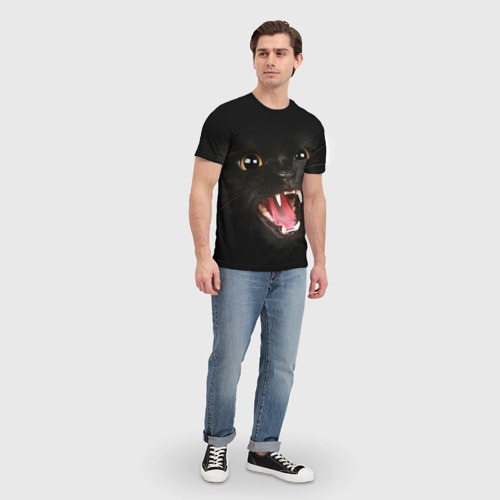 Мужская футболка 3D с принтом Черный кот в темноте, вид сбоку #3
