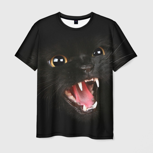 Мужская футболка 3D с принтом Черный кот в темноте, вид спереди #2