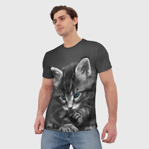 Мужская футболка 3D с принтом Серый голубоглазый котенок, фото на моделе #1