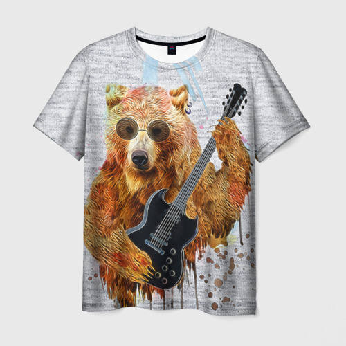 Мужская футболка 3D с принтом Медведь с гитарой, вид спереди #2