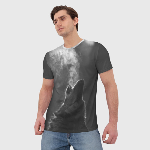 Мужская футболка 3D с принтом Воющий волк, фото на моделе #1