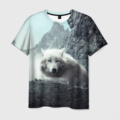 Мужская футболка 3D с принтом Волк в горах, вид спереди #2