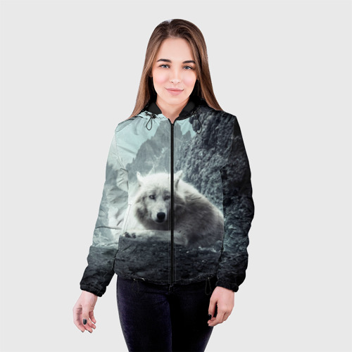 Женская куртка 3D с принтом Волк в горах, фото на моделе #1
