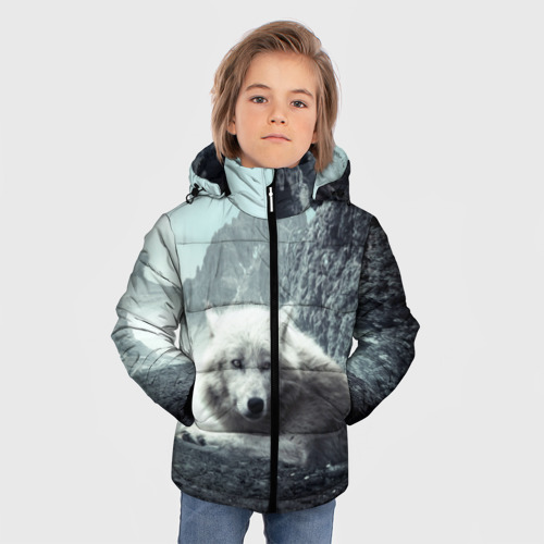 Зимняя куртка для мальчиков 3D с принтом Волк в горах, фото на моделе #1