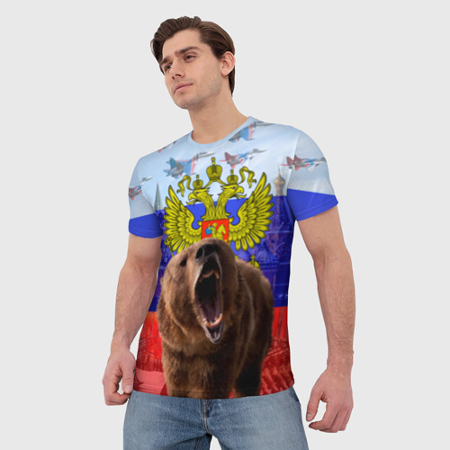 Мужская 3D футболка с принтом Русский медведь и герб, фото на моделе #1