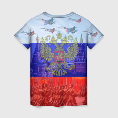 Женская футболка 3D с принтом Русский медведь и герб, вид сзади #1