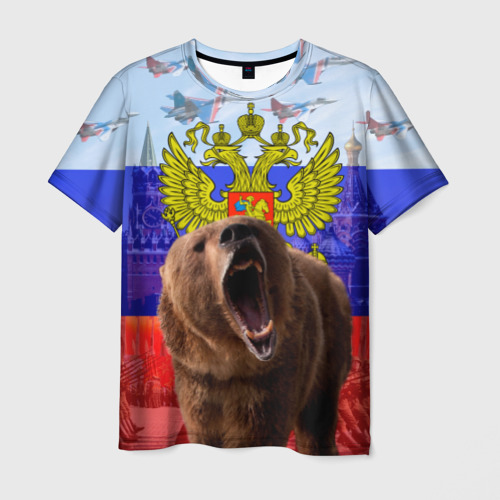 Мужская футболка 3D с принтом Русский медведь и герб, вид спереди #2