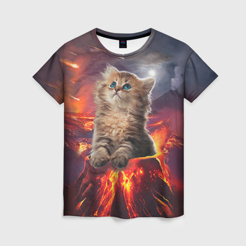 Женская 3D футболка с принтом Кот на вулкане, вид спереди #2