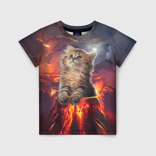 Детская футболка 3D с принтом Кот на вулкане, вид спереди #2