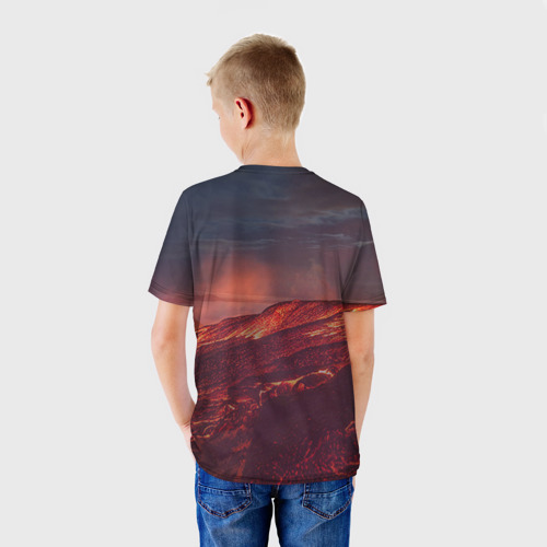 Детская футболка 3D с принтом Кот на вулкане, вид сзади #2