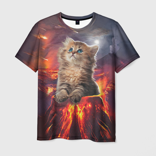 Мужская футболка 3D с принтом Кот на вулкане, вид спереди #2