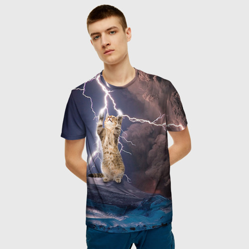 Мужская 3D футболка с принтом Кот и молния, фото на моделе #1