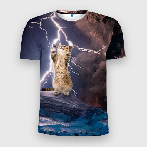 Мужская футболка 3D спортивная с принтом Кот и молния, вид спереди #2