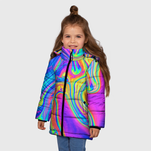 Зимняя куртка для девочек 3D с принтом Цветные разводы, фото на моделе #1