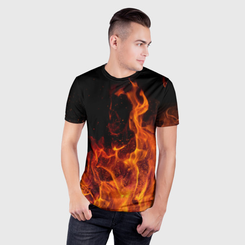 Мужская футболка 3D Slim с принтом Огонь - языки пламени, фото на моделе #1