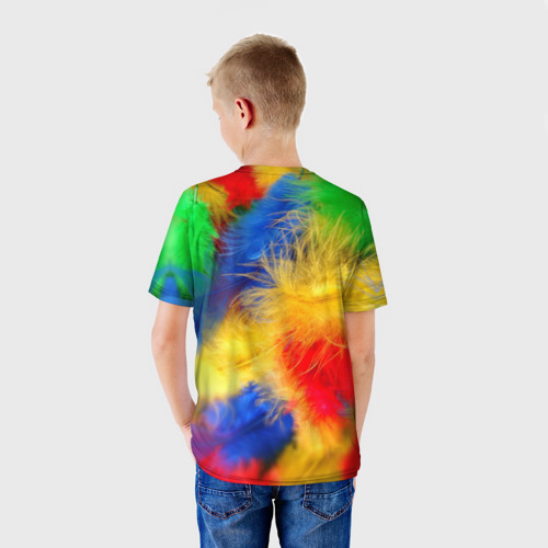 Детская футболка 3D с принтом Цветные перья, вид сзади #2