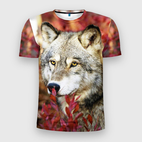 Мужская футболка 3D Slim с принтом Волк осенний лес, вид спереди #2
