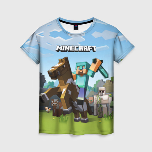 Женская футболка 3D с принтом Minecraft на коне, вид спереди #2