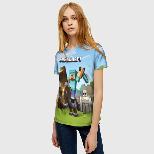 Женская футболка 3D с принтом Minecraft на коне, фото на моделе #1