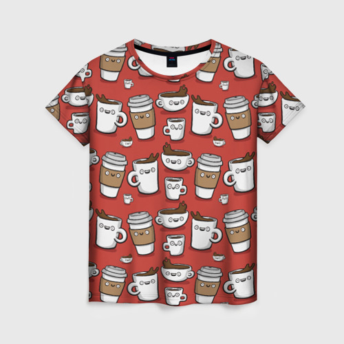 Женская футболка 3D с принтом Веселые чашки кофе, вид спереди #2