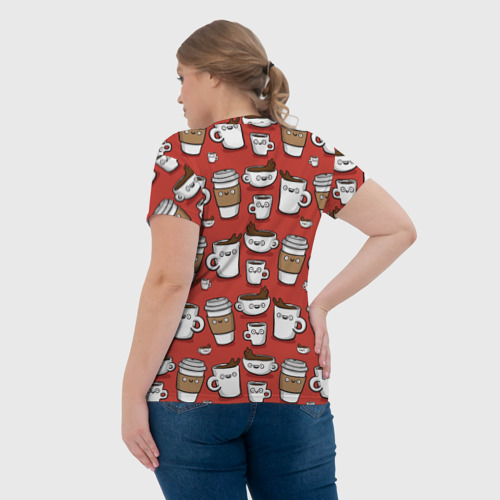 Женская футболка 3D с принтом Веселые чашки кофе, вид сзади #2